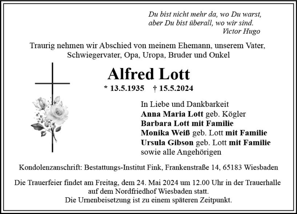  Traueranzeige für Alfred Lott vom 18.05.2024 aus Wiesbadener Kurier