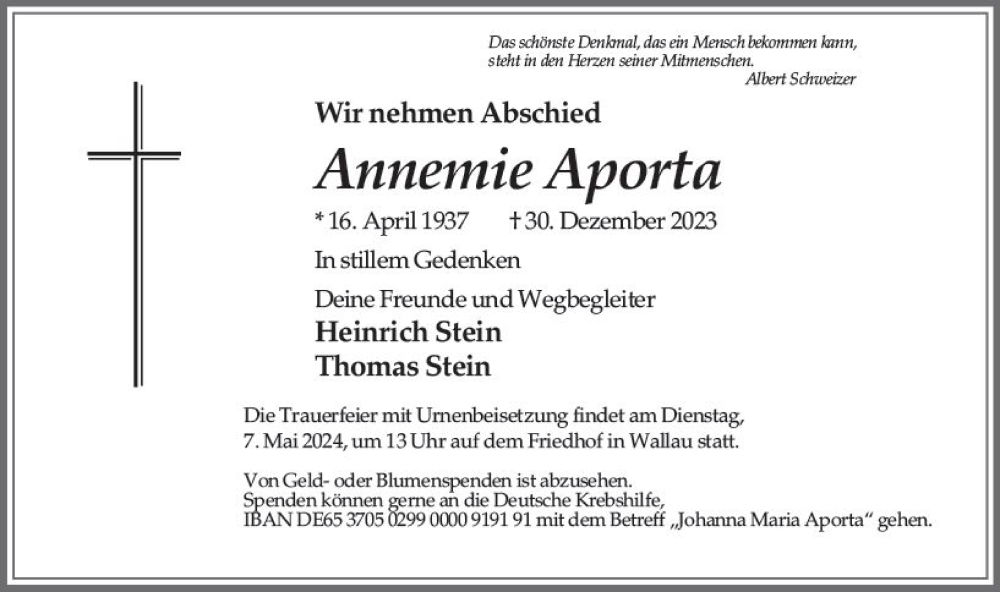  Traueranzeige für Annemie Aporta vom 04.05.2024 aus Wiesbadener Kurier