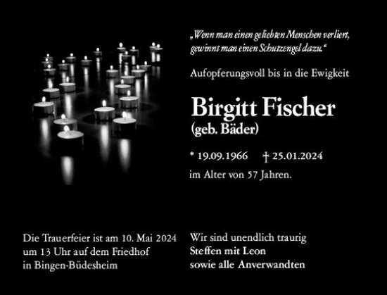 Traueranzeige von Birgitt Fischer von Allgemeine Zeitung Bingen/Ingelheim