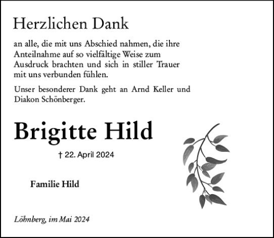 Traueranzeige von Brigitte Hild von Weilburger Tageblatt
