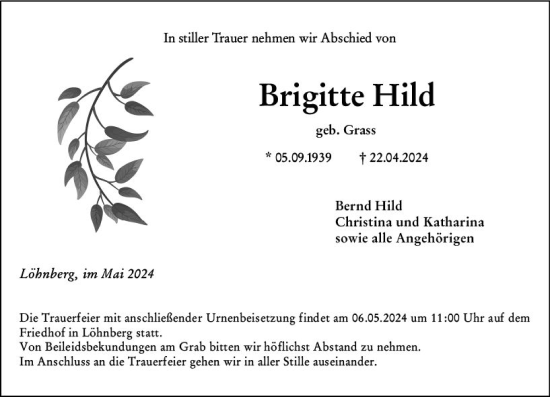 Traueranzeige von Brigitte Hild von Weilburger Tageblatt