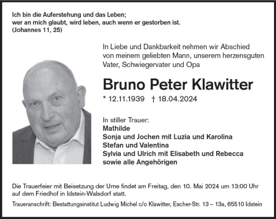 Traueranzeige von Bruno Peter Klawitter von Camberger Anzeiger