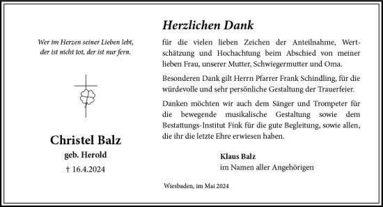 Traueranzeige von Christel Balz von Wiesbadener Kurier