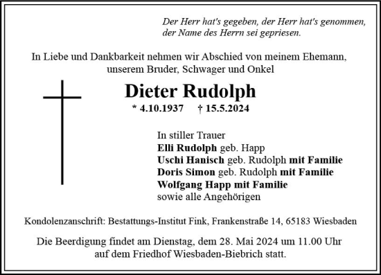 Traueranzeige von Dieter Rudolph von Wiesbadener Kurier