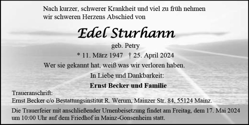  Traueranzeige für Edel Sturhann vom 11.05.2024 aus Allgemeine Zeitung Mainz