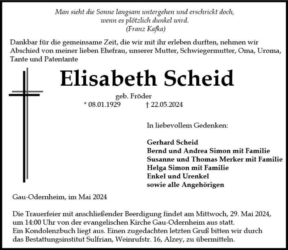  Traueranzeige für Elisabeth Scheid vom 25.05.2024 aus Allgemeine Zeitung Alzey
