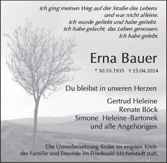 Traueranzeige von Erna Bauer von Darmstädter Echo