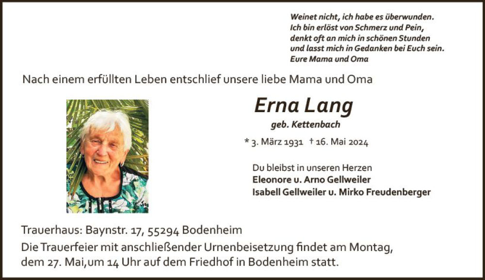  Traueranzeige für Erna Lang vom 25.05.2024 aus Allgemeine Zeitung Mainz