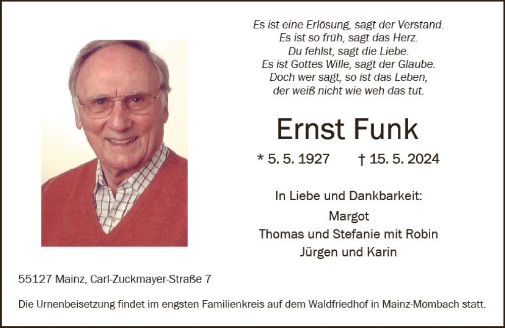  Traueranzeige für Ernst Funk vom 25.05.2024 aus Allgemeine Zeitung Mainz