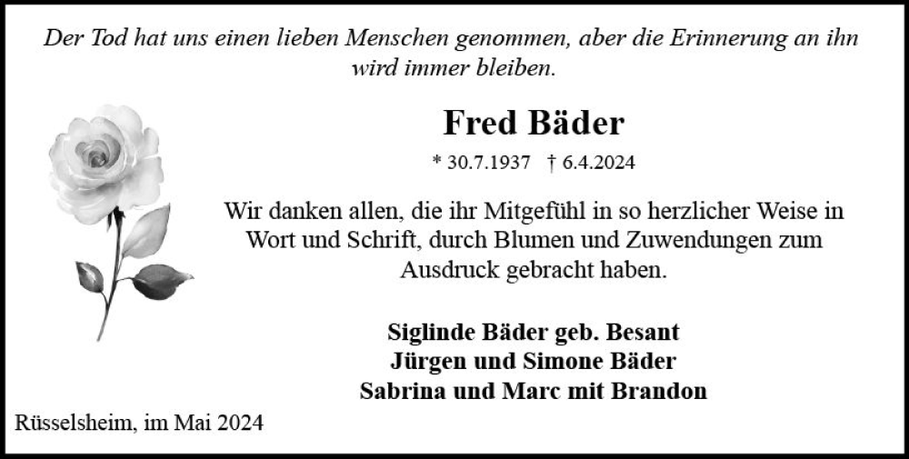  Traueranzeige für Fred Bäder vom 18.05.2024 aus Rüsselsheimer Echo