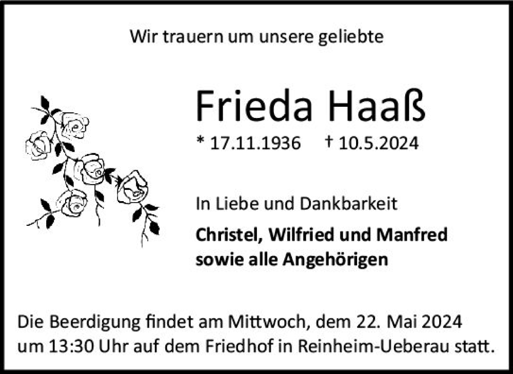  Traueranzeige für Frieda Haaß vom 15.05.2024 aus Darmstädter Echo