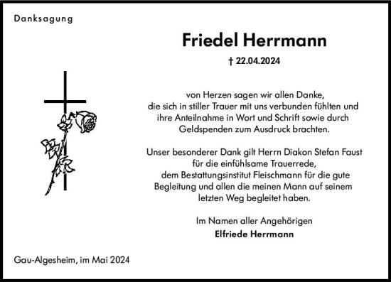 Traueranzeige von Friedel Herrmann von Allgemeine Zeitung Bingen/Ingelheim