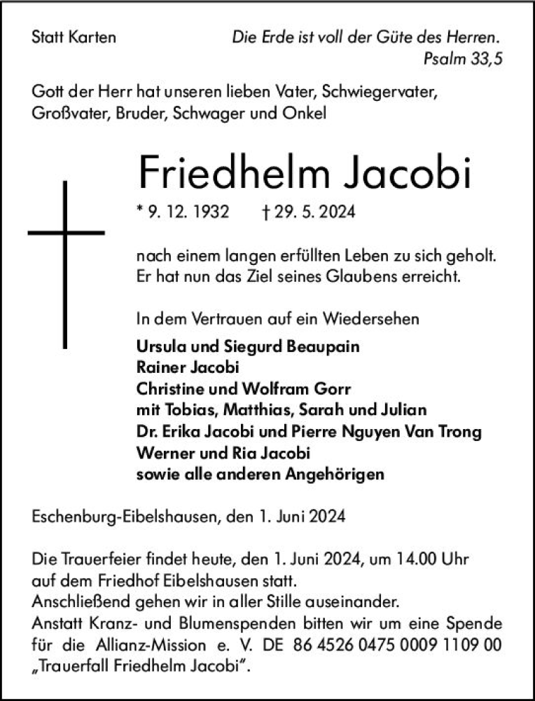  Traueranzeige für Friedhelm Jacobi vom 01.06.2024 aus Dill Block