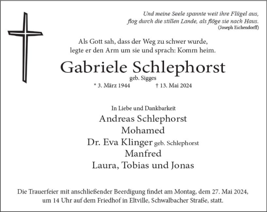 Traueranzeige von Gabriele Schlephorst von Wiesbadener Kurier