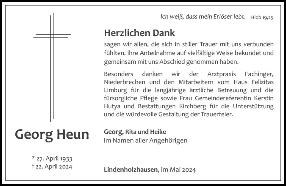  Traueranzeige für Georg Heun vom 25.05.2024 aus Nassauische Neue Presse