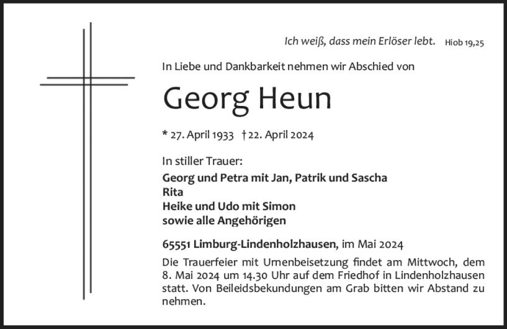  Traueranzeige für Georg Heun vom 04.05.2024 aus Nassauische Neue Presse