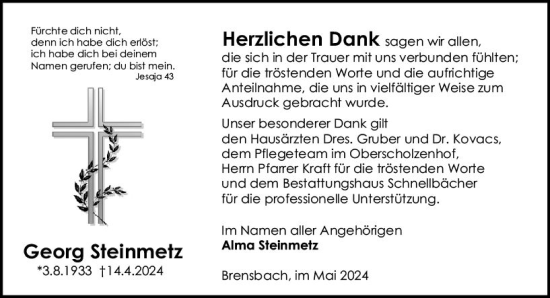 Traueranzeige von Georg Steinmetz von Odenwälder Echo