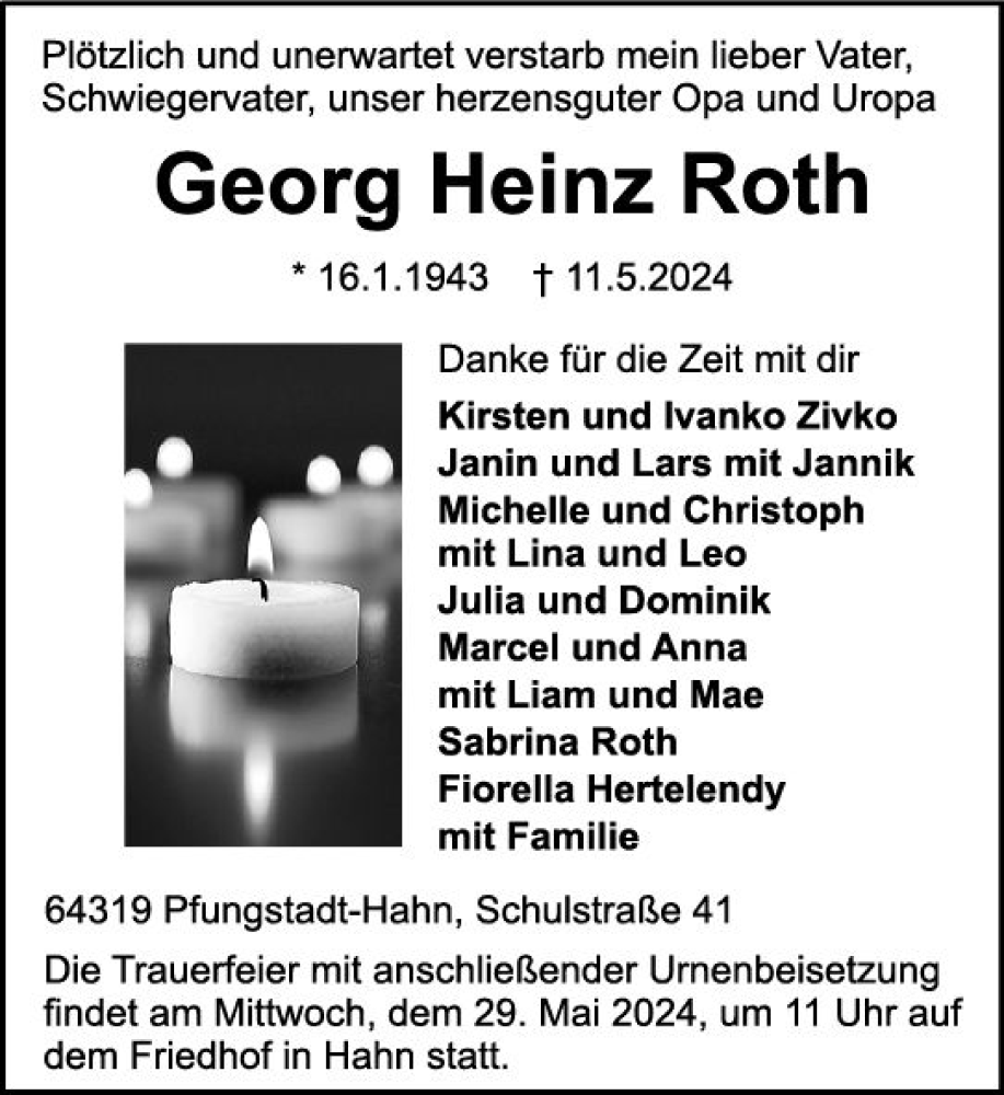  Traueranzeige für Georg Heinz Roth vom 25.05.2024 aus Darmstädter Echo