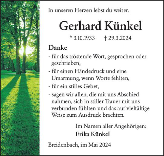 Traueranzeige von Gerhard Künkel von Hinterländer Anzeiger