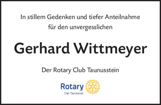 Traueranzeige von Gerhard Wittmeyer von Idsteiner Land/Untertaunus