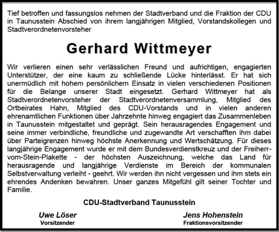 Traueranzeige von Gerhard Wittmeyer von Idsteiner Land/Untertaunus