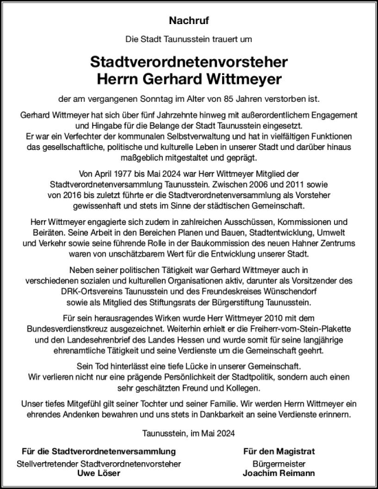 Traueranzeige von Gerhard Wittmeyer von Idsteiner Land/Untertaunus