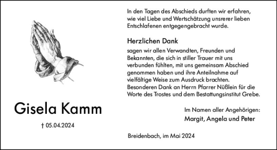Traueranzeige von Gisela Kamm von Hinterländer Anzeiger