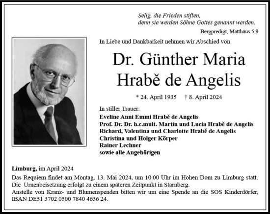 Traueranzeige von Günther Maria Hrabe der Angelis von Nassauische Neue Presse