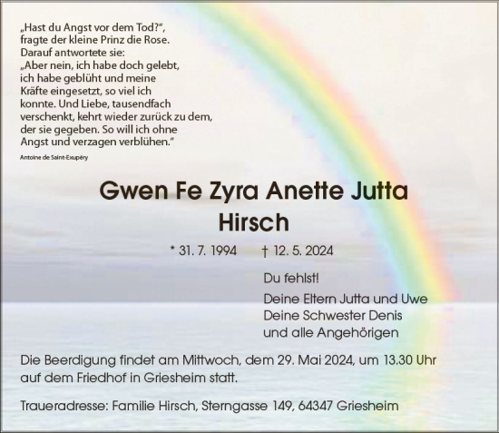 Traueranzeige von Gwen Fe Zyra Anette Jutta Hirsch von Darmstädter Echo