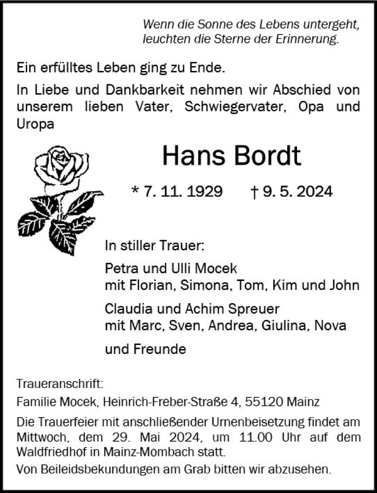  Traueranzeige für Hans Bordt vom 18.05.2024 aus Allgemeine Zeitung Mainz