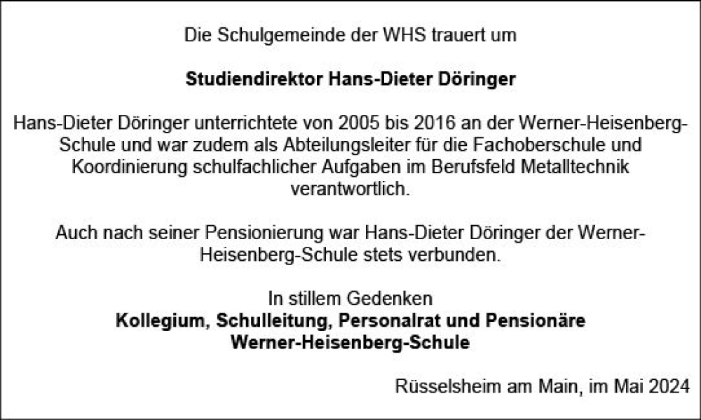  Traueranzeige für Hans-Dieter Döringer vom 18.05.2024 aus Rüsselsheimer Echo