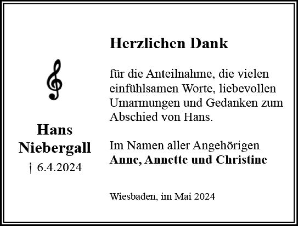  Traueranzeige für Hans Niebergall vom 04.05.2024 aus Wiesbadener Kurier