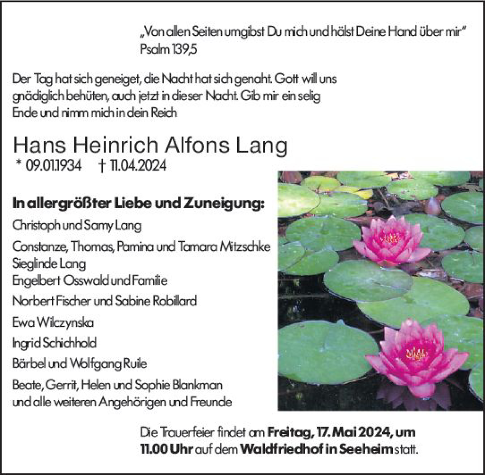  Traueranzeige für Hans Heinrich Alfons Lang vom 04.05.2024 aus Darmstädter Echo