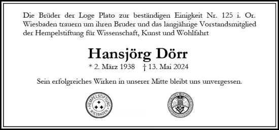 Traueranzeige von Hansjörg Dörr von Wiesbadener Kurier