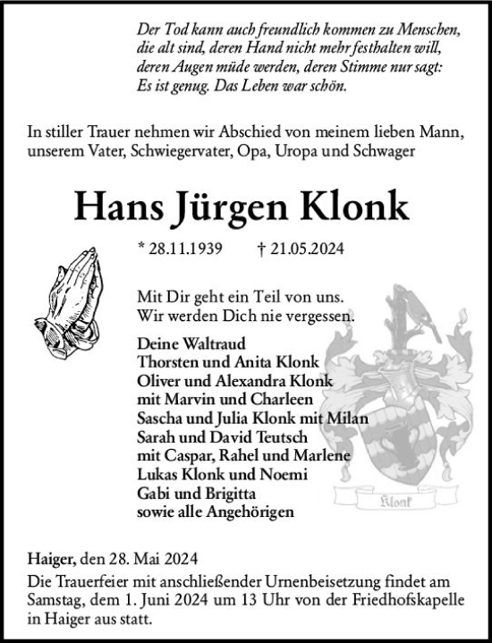 Traueranzeige von Hans Jürgen Klonk von Dill Block