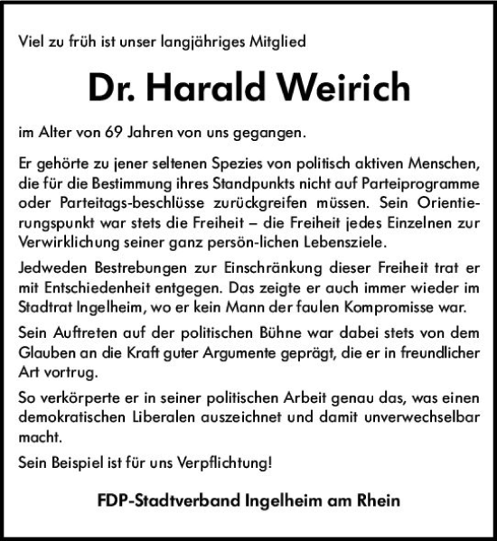 Traueranzeige von Harald Weirich von Allgemeine Zeitung Bingen/Ingelheim