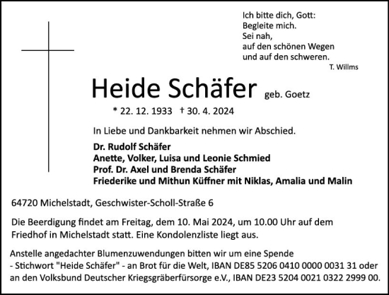 Traueranzeige von Heide Schäfer von Odenwälder Echo