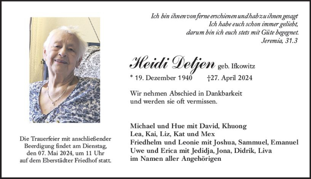  Traueranzeige für Heidi Detjen vom 04.05.2024 aus Darmstädter Echo
