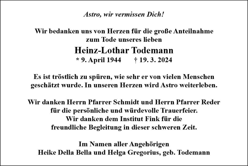  Traueranzeige für Heinz-Lothar Todemann vom 18.05.2024 aus Wiesbadener Kurier