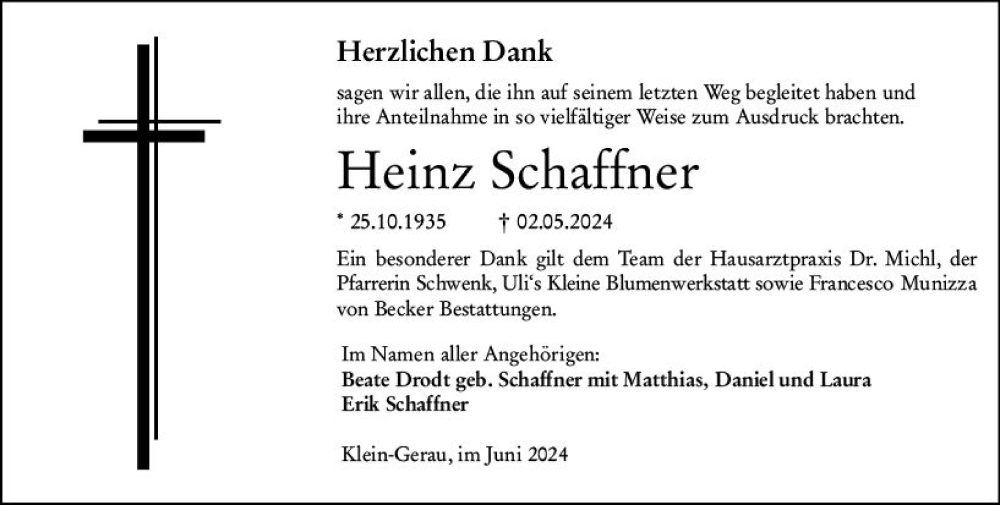  Traueranzeige für Heinz Schaffner vom 01.06.2024 aus Groß-Gerauer Echo