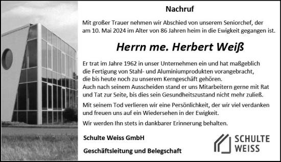 Traueranzeige von Herbert Weiß von Dill Block
