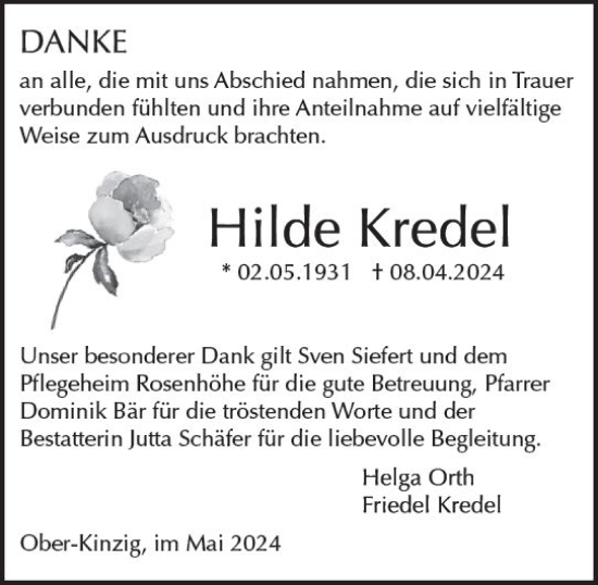 Traueranzeige von Hilde Kredel von Odenwälder Echo