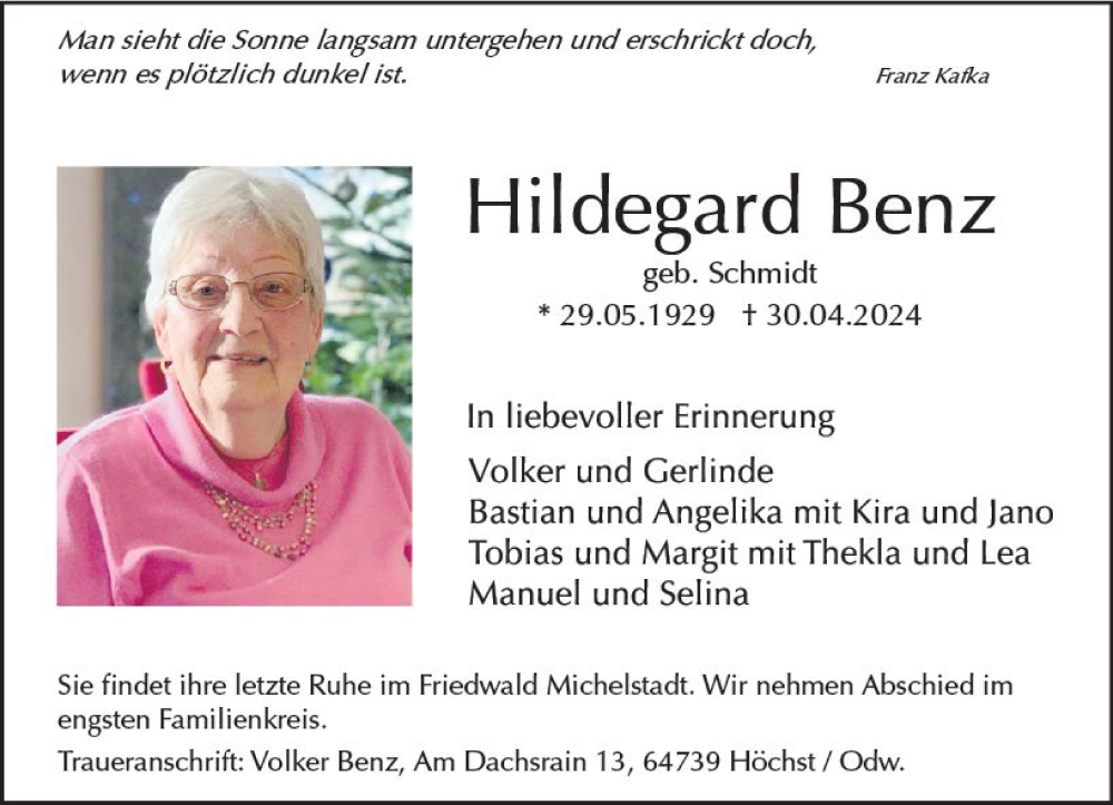  Traueranzeige für Hildegard Benz vom 11.05.2024 aus Darmstädter Echo
