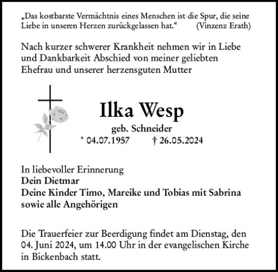Traueranzeige von Ilka Wesp von Darmstädter Echo