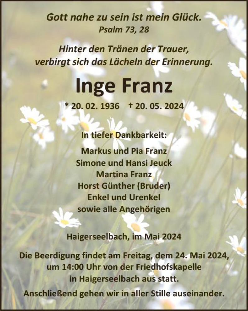  Traueranzeige für Inge Franz vom 23.05.2024 aus Dill Block