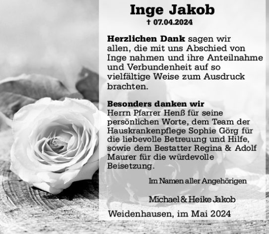 Traueranzeige von Inge Jakob von Hinterländer Anzeiger