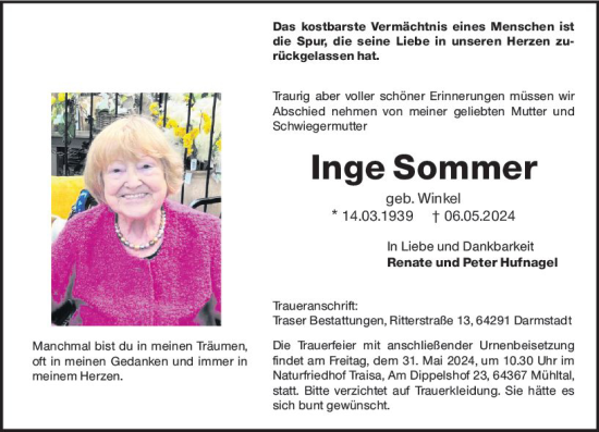 Traueranzeige von Inge Sommer von Darmstädter Echo
