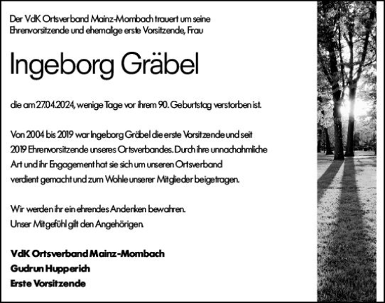 Traueranzeige von Ingeborg Gräbel von Allgemeine Zeitung Mainz