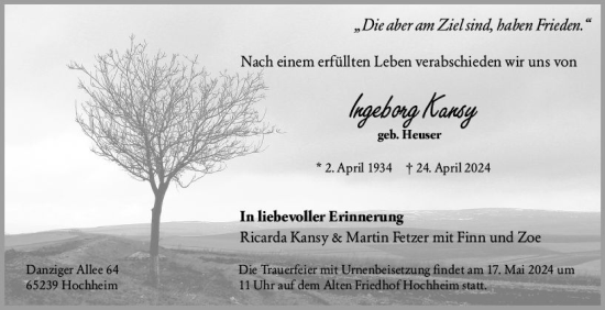 Traueranzeige von Ingeborg Kansy von Hochheimer Zeitung