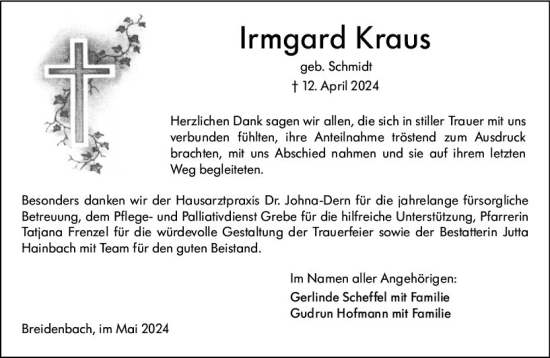 Traueranzeige von Irmgard Kraus von Hinterländer Anzeiger